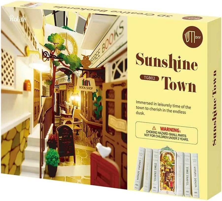 Product packaging for Sunshine Town Book Nook, showing a warning about small parts and not for children under 3 years.