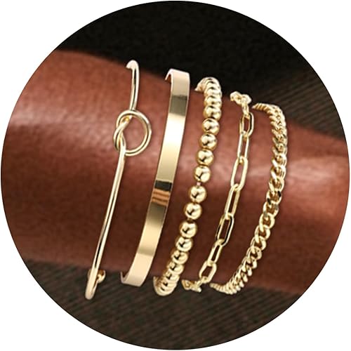 Miniatura 4 de PiercingJ Juego de pulseras apilables para mujer, delicadas pulseras de eslabones cubanos con cadena de cuentas doradas, clip de papel en capas,