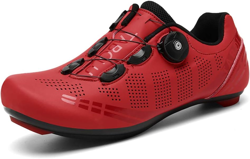 KUXUAN Mens Cycling Shoes MTB Road Bike Shoe with SPD Peloton Shoes with Buckle Delta Compatible for Indoor Riding Racing,Red(Sole-Road)-43EU=(265mm)