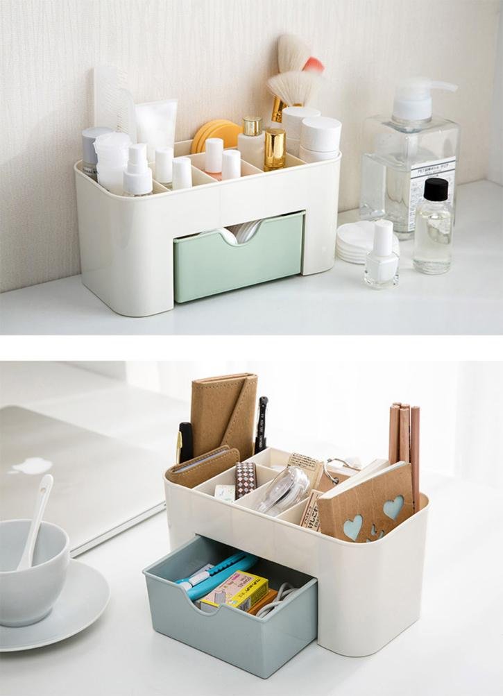 Organisateur de maquillage de table de bureau avec tiroir de rangement pour maquillage, pinceaux, stylos, bijoux, gain de place (Bleu)