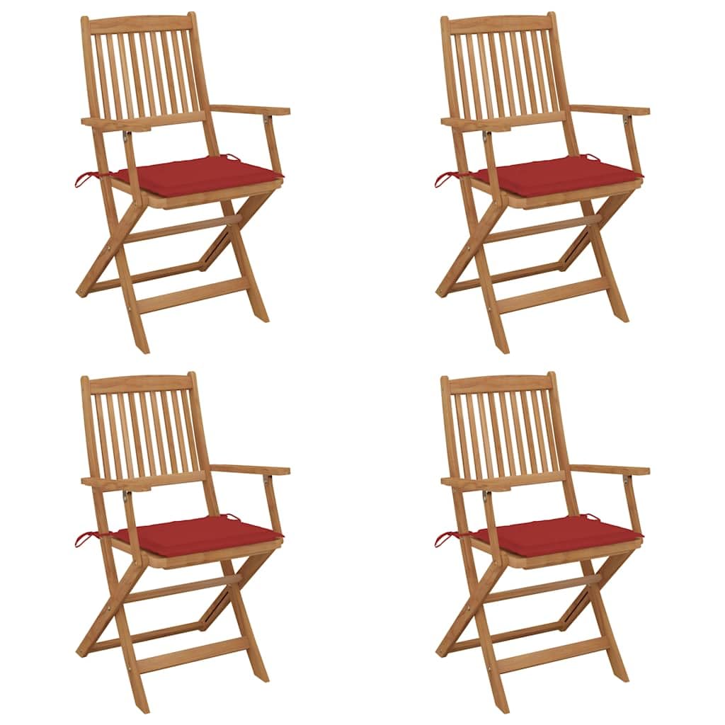 Chaise de jardin pliante en bois d'acacia avec coussin rouge (lot de 4) - 54x57x91 cm