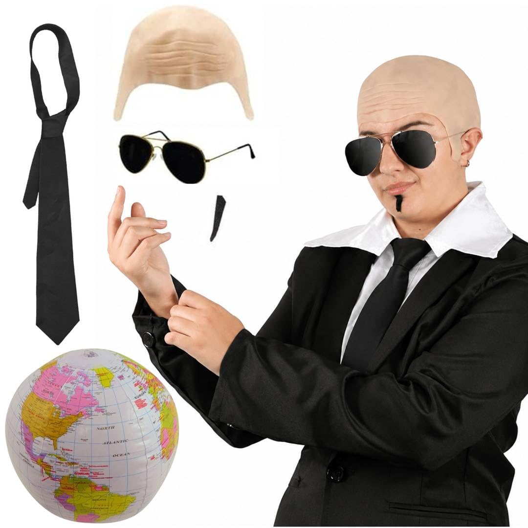 Adults Mr Worldwide Accessory Set - 5 Piece Music Icon Costume with Bald Cap, Black Sunglasses, Black Tie, Spiv Moustache and Inflatable Globe - Mens Womens Rapper Fancy Dress Kit