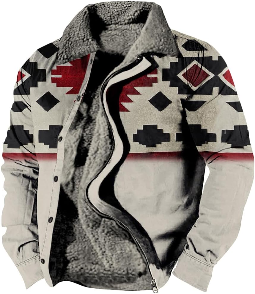 LOAIHA Mens Jacket Winter Mens Aztec Jacket Western Coats for Men Zipper Warm Fleece Lined Cowboy Coat Ethnic Vintage Jacket