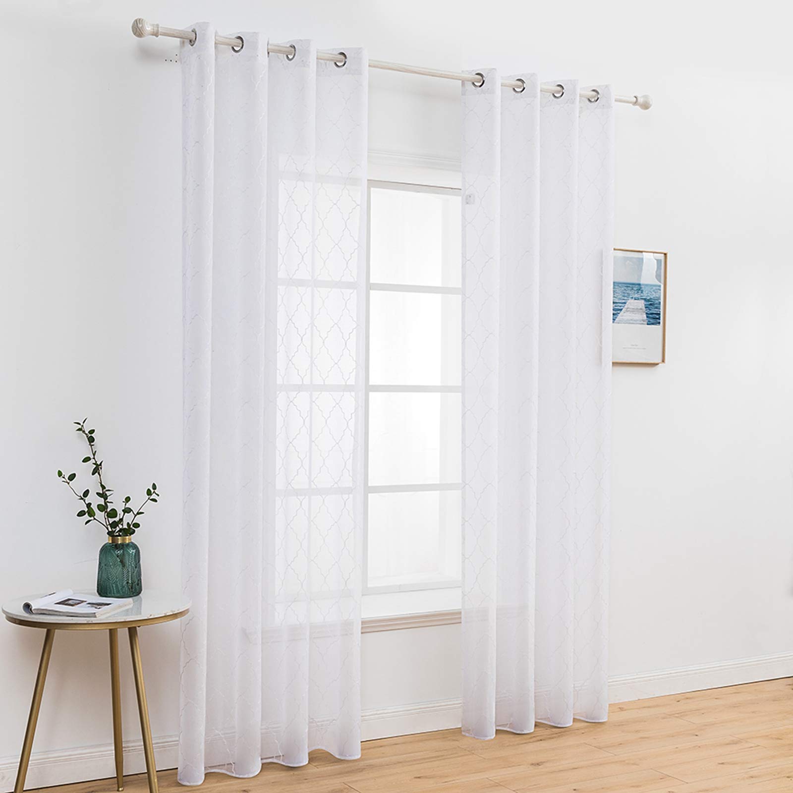MIULEE 2 Panneaux Maroc Rideaux de Fenêtre Transparents Blanc 140x215cm | Couleur Pure Transparents Lisse Élégant Panneaux Voile de Fenêtre/Rideau/Traitement pour Chambre Salon