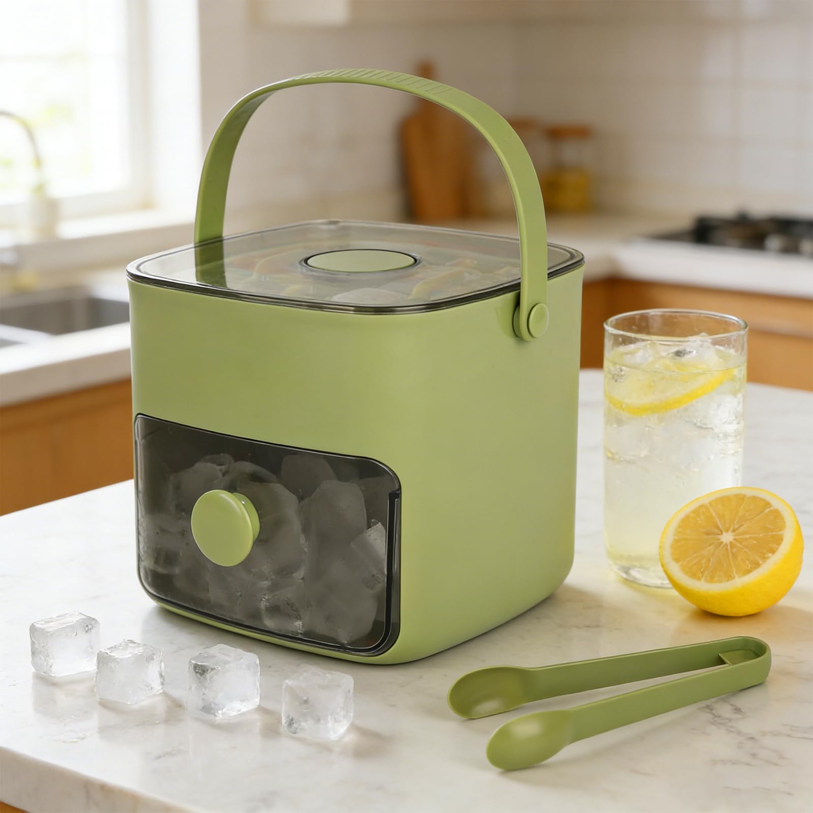Eiswürfelbereiter DMJJSD Easy Press Ice Maker Maschine Theken-Release Alle Eiswürfel in Einer Sekunde, 48 Eiswürfelform Aufbewahrungsbox mit Griff, Eiszange & Korb, Eismaschinen für Zuhause/Büro/Bar