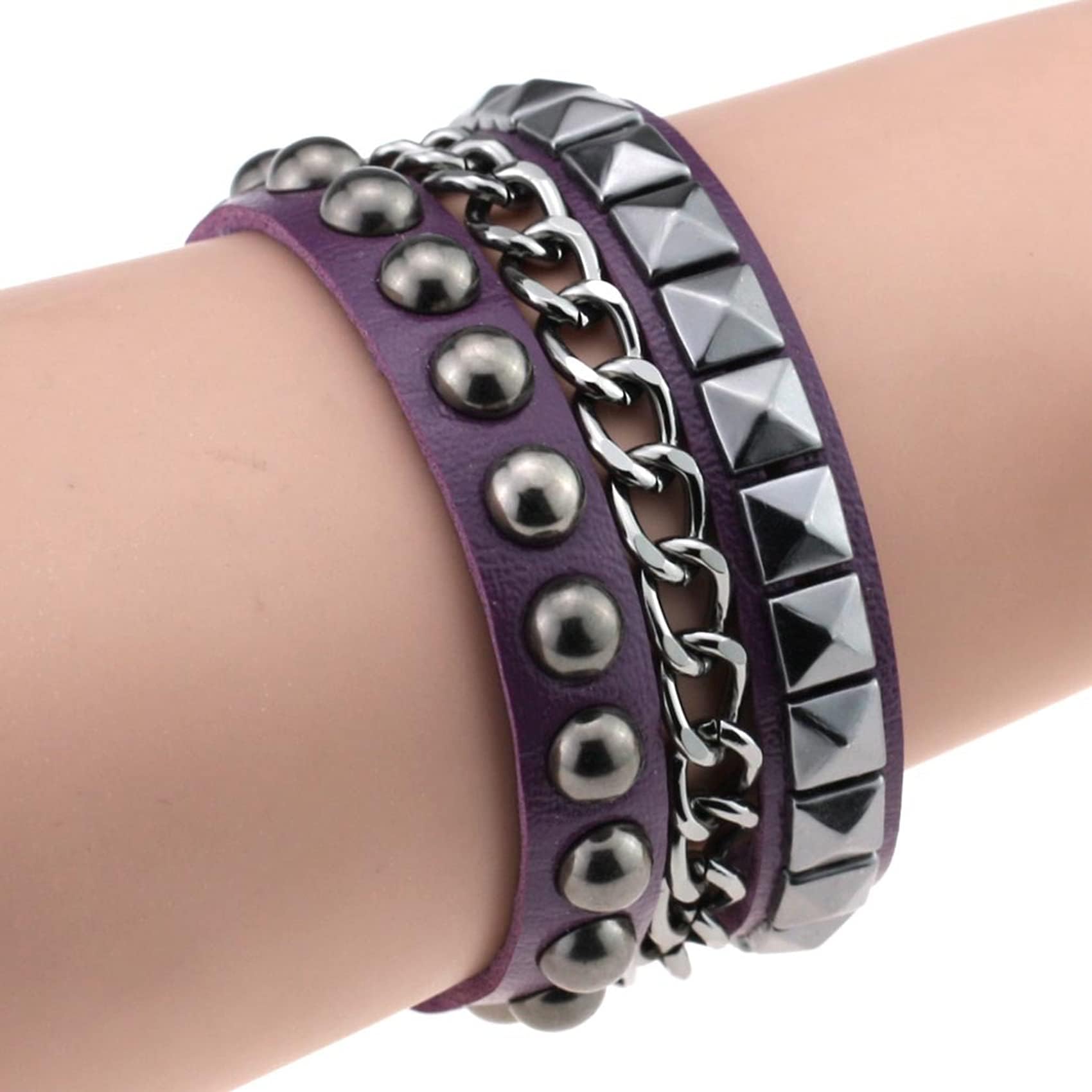 Guoshang Bracelet of Punk Rock Rivet Wrap Retro Multi Circle Unisex Chain PU Leather 8-Color Creative,Purple, As shown in the description