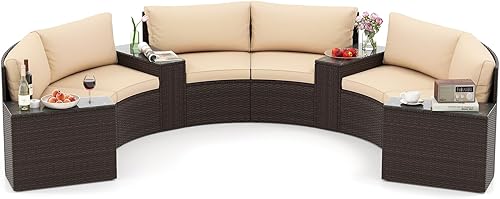Tangkula Juego de muebles de patio de 5 piezas, sofás acolchados seccionales curvados de media luna de ratán con mesas laterales superiores de
