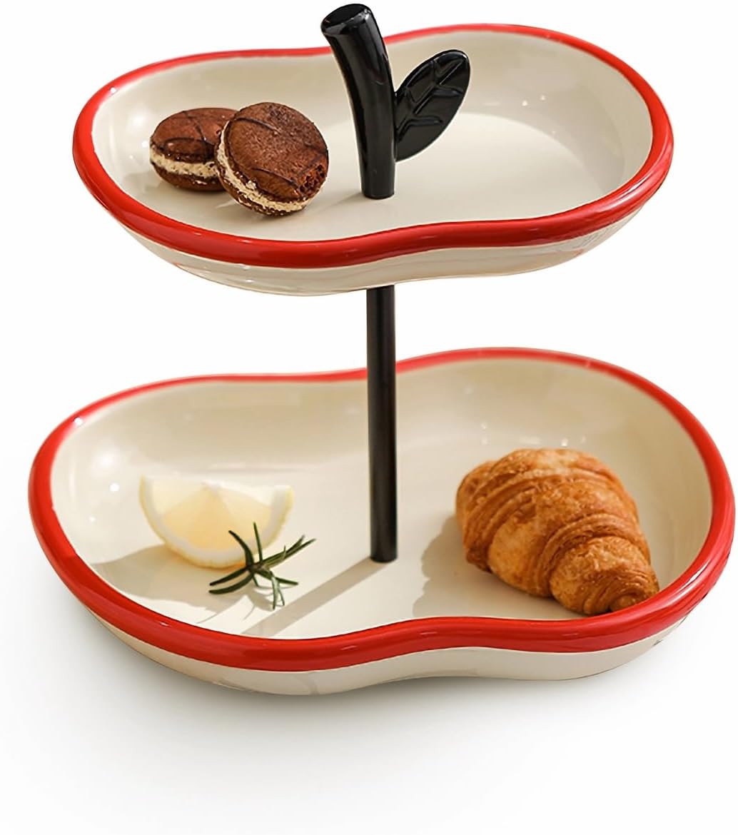 MOOSHU Ceramic Cupcake Dessert Stand - 2-Tier Fruit Platter for Kitchen Counter - Apple-Shaped Holiday Decorative Tiered Serving Trays for Parties Entertaining, and Food Display. ﻿