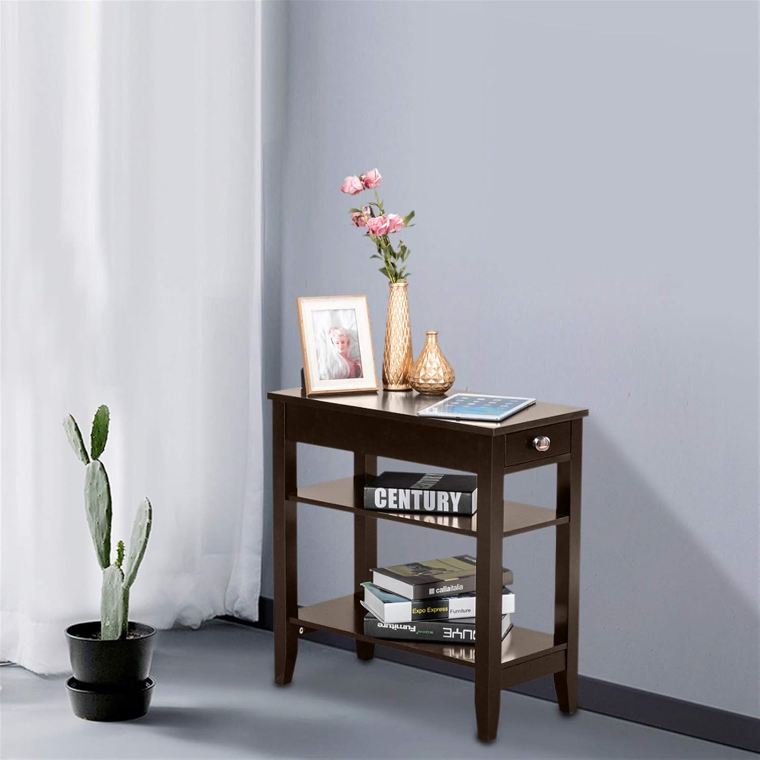 Side Table, Vintage End Table with Drawer and 2 Open Shelves, Narrow Nightstand for Small Spaces, Bedroom, Living Room, Office, Space Saving,Brown