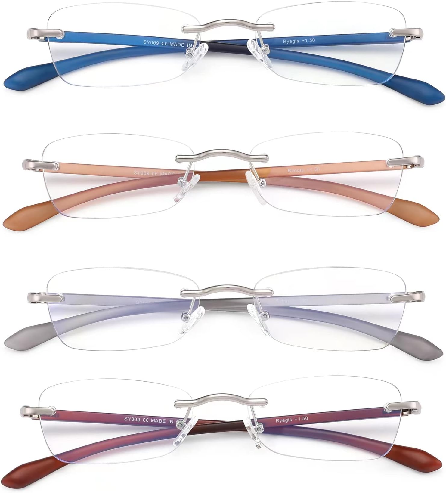 Lightweight Flexible Reading Glasses for Women, Rimless 4 Pack Blue Light Blocking Computer Readers Eyeglasses UV 400