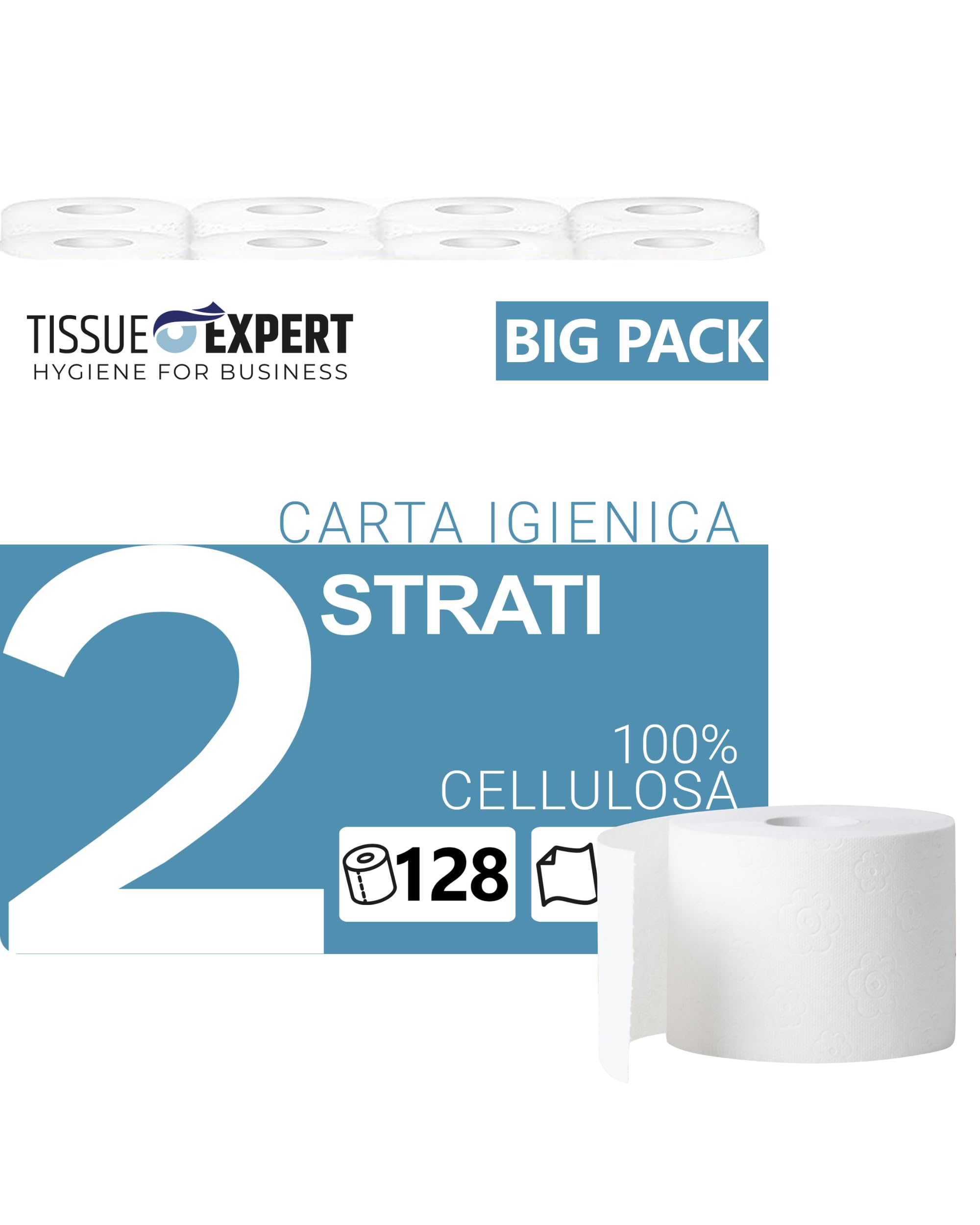 Carta igienica a 2 strati, 128 rotoli x 250 fogli, 100% cellulosa, carta igienica super morbida, confezione grande per uso commerciale, ideale per uso multiuso, imballaggio 60% PCR (128