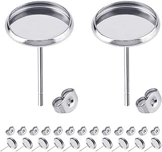 BEADNOVA Cabochon Setting Post 60pcs Blank Earring Studs 8mm Stainless Steel Cabochon Setting Ear Stud with Stainless Steel Backs for Resin DIY Earring Making (8mm, 60pcs)