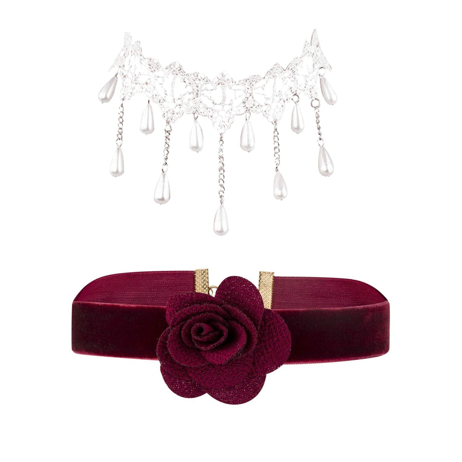2 Pieces Stylish White Lace Tear Drop & Velvet Rose Design Choker Necklace Set for Girls and Women