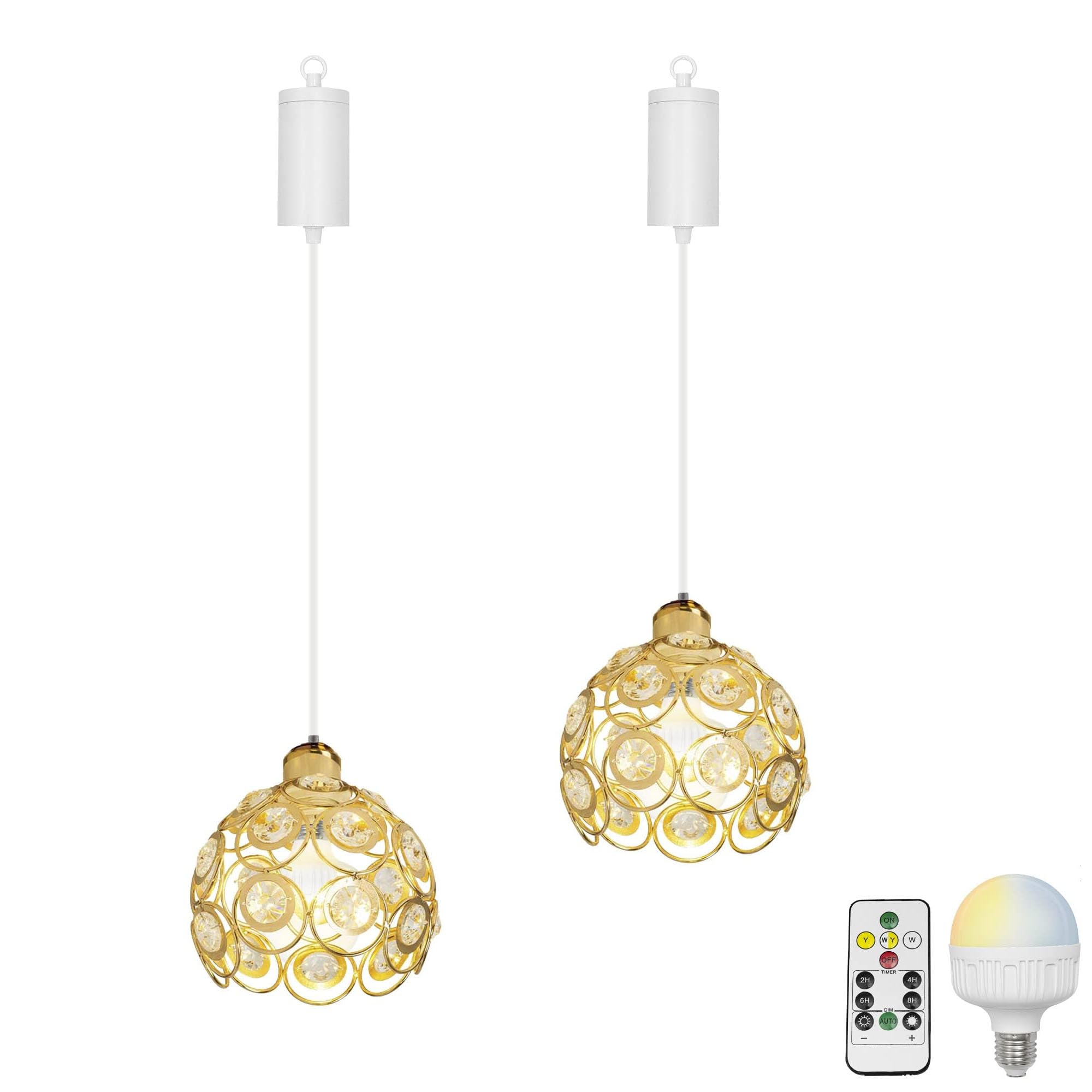 Dimmbare Hängelampe mit Batterie Innen,2er-Satz Gold Metall Hängeleuchte Batteriebetriebene Lampe, Pendelleuchte ohne Strom Stromanschluss für Küche Nachttischcafé,XDD054TB