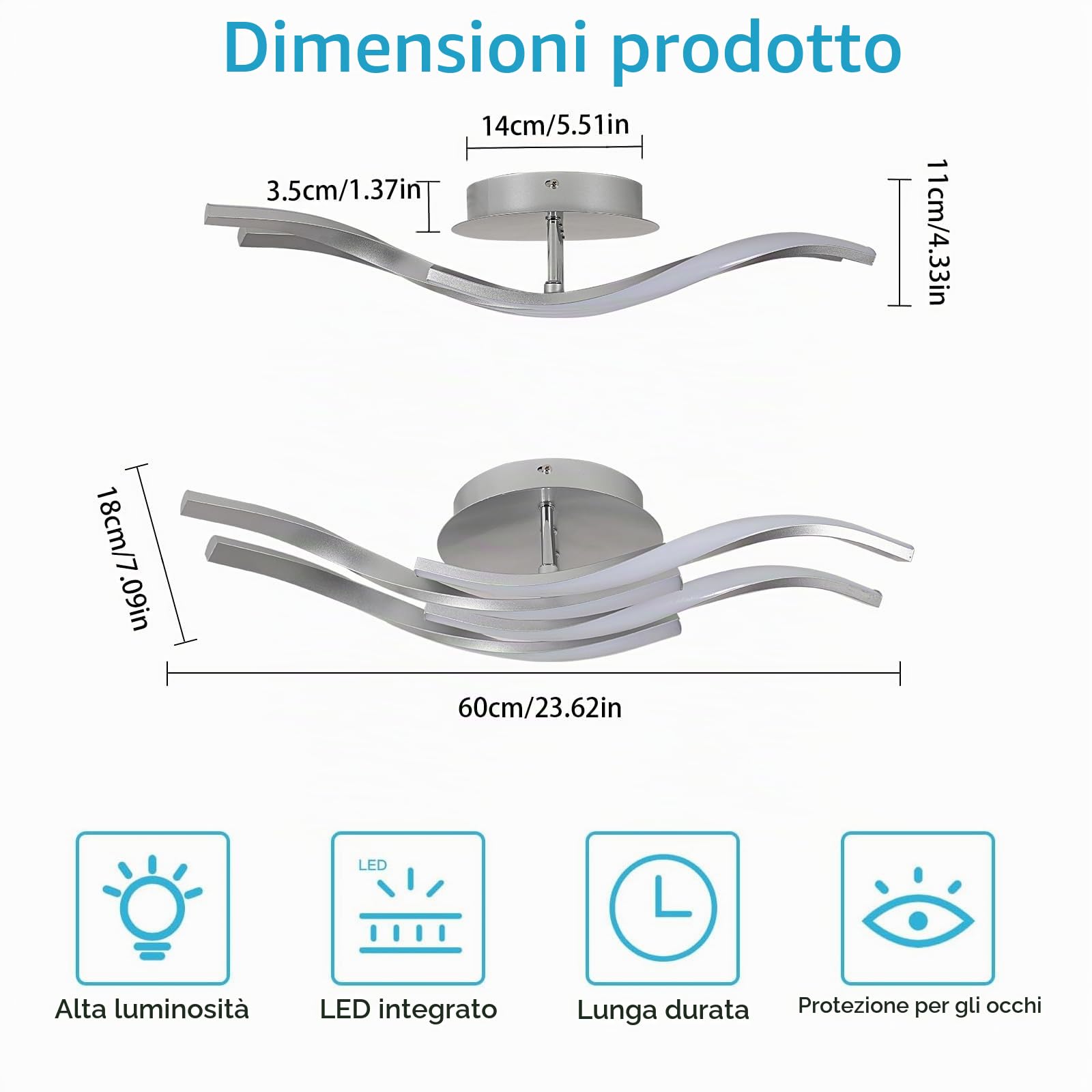 Toolight Lampadario LED Soffitto, 32W 3600LM Ondulato Plafoniera LED in Metallo con 4-Luci, Lampada da Soffitto per Soggiorno Corridoio Cucina, Luce Bianca 6500K, Argento, 60CM