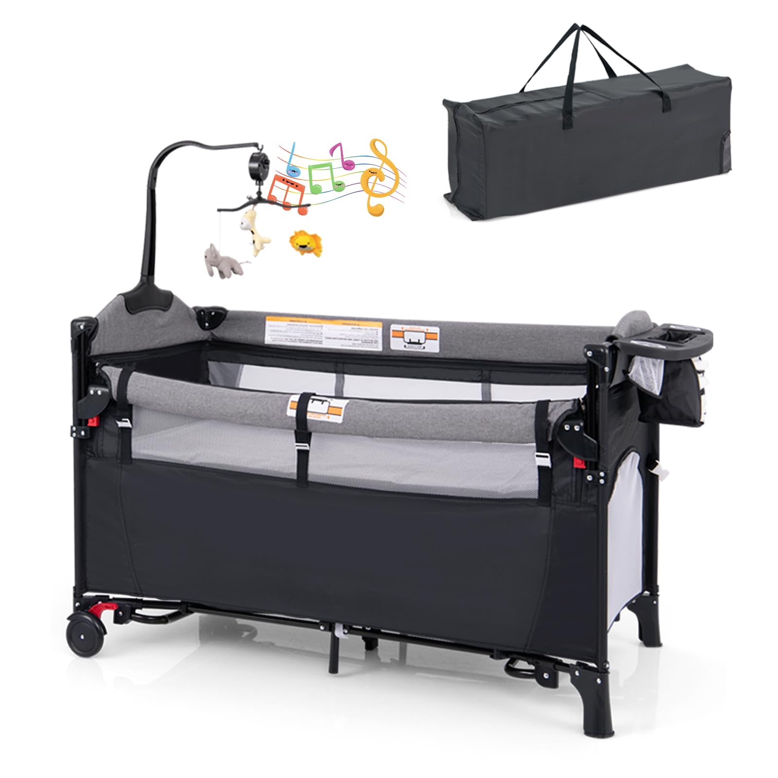 DREAMADE 5 in 1 Reisebett Baby, 120 x 60cm Beistellbett mit Matratze & Wickeltisch, Spieluhr & Spielzeug, höhenverstellbares Babybett für Baby ab Geburt(Dunkelgrau)