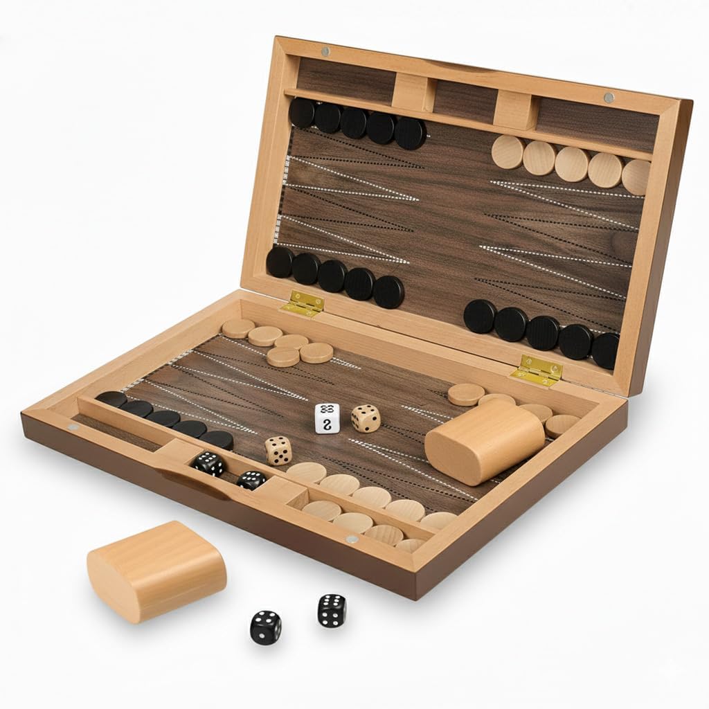Plusvivo 13" Wooden Backgammon Set - Premium Beech Wood Foldable Board Game for Adults and Kids - Portable Strategy Game with 30 Magnetic Pieces and 2 Wooden Dice Shakers