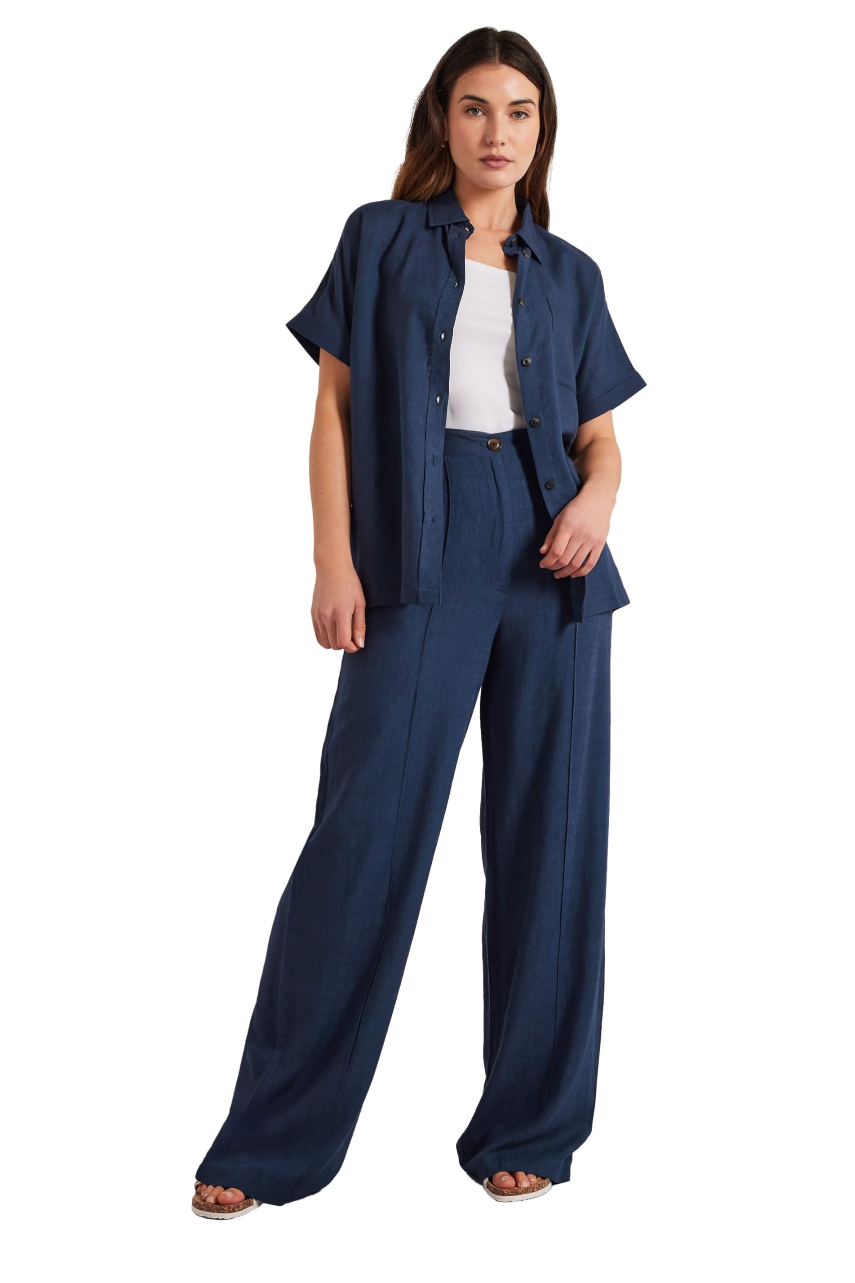 Long Tall Sally Tall Linen Wide Leg Trousers - Dark Navy - Size 18L