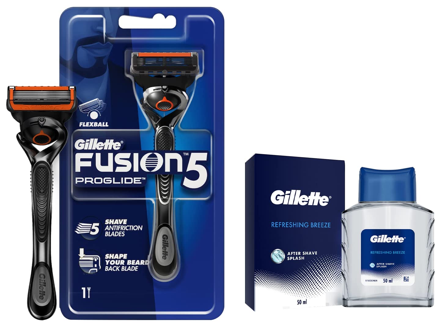 Gillette Fusion Proglide Razor for Men for Perfect Shave and Perfect Beard Shape & AFTER SHAVE SPLASH REFRESHING BREEZE 50ML, White
