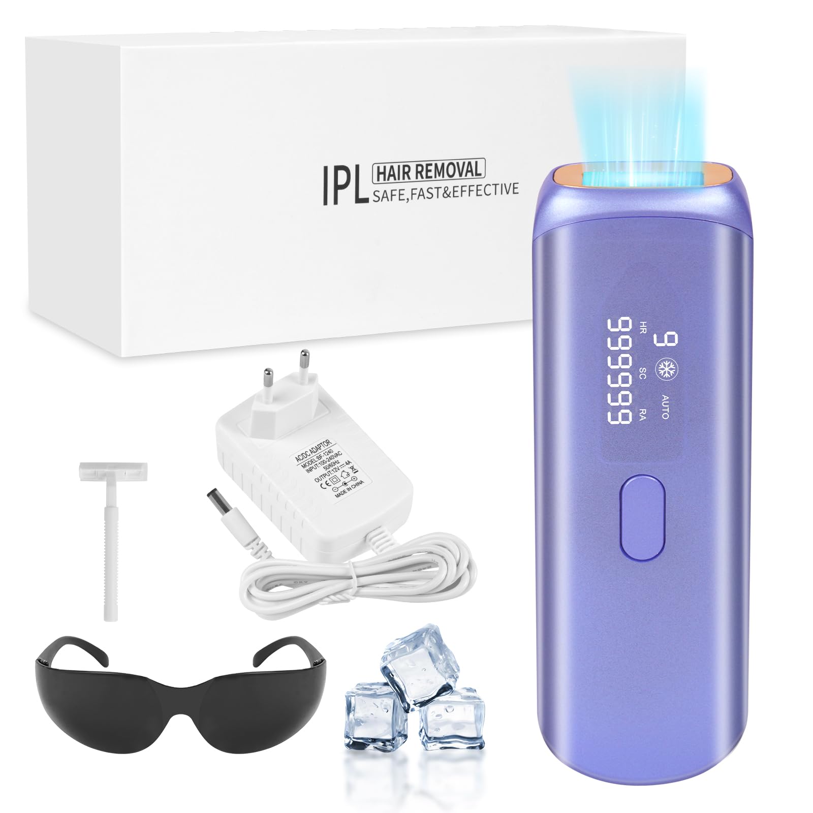 ACWOO 3 en 1 Depiladora Laser con Función de Enfriamiento, IPL Depiladora luz Pulsada Indolora con 9 Ajustes de Nivel de Energía y 3 Funciones-HR/SC/RA, Unisexo, Cara, Axila, Pierna, Cuerpo (Púrpura)