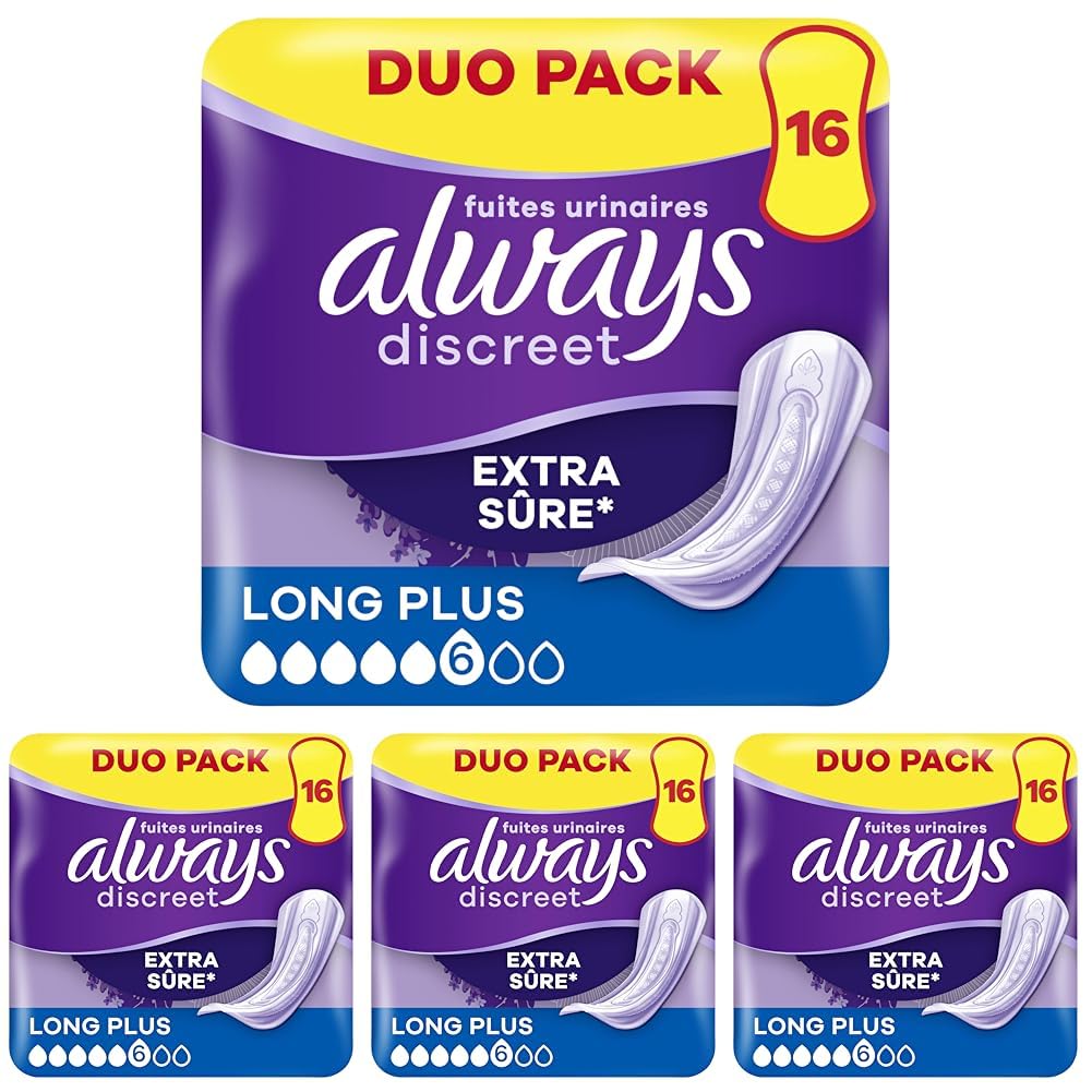Always Discreet Serviettes Pour Fuites Urinaires Femmes Long Plus 16 Serviettes Protection Extra Sûre Et Discrétion Optimale (Lot de 4)