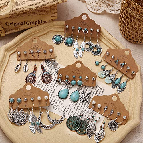Bohemian Vintage Silver Drop Dangle Earrings Set For Women Girls, 36 Pairs Hypoallergenic Simulated Turquoise Earrings Pack, Fashion Waterdrop Dangling Jewelry For Birthday/Party/Christmas Gifts (36 Pairs) #TOP4
