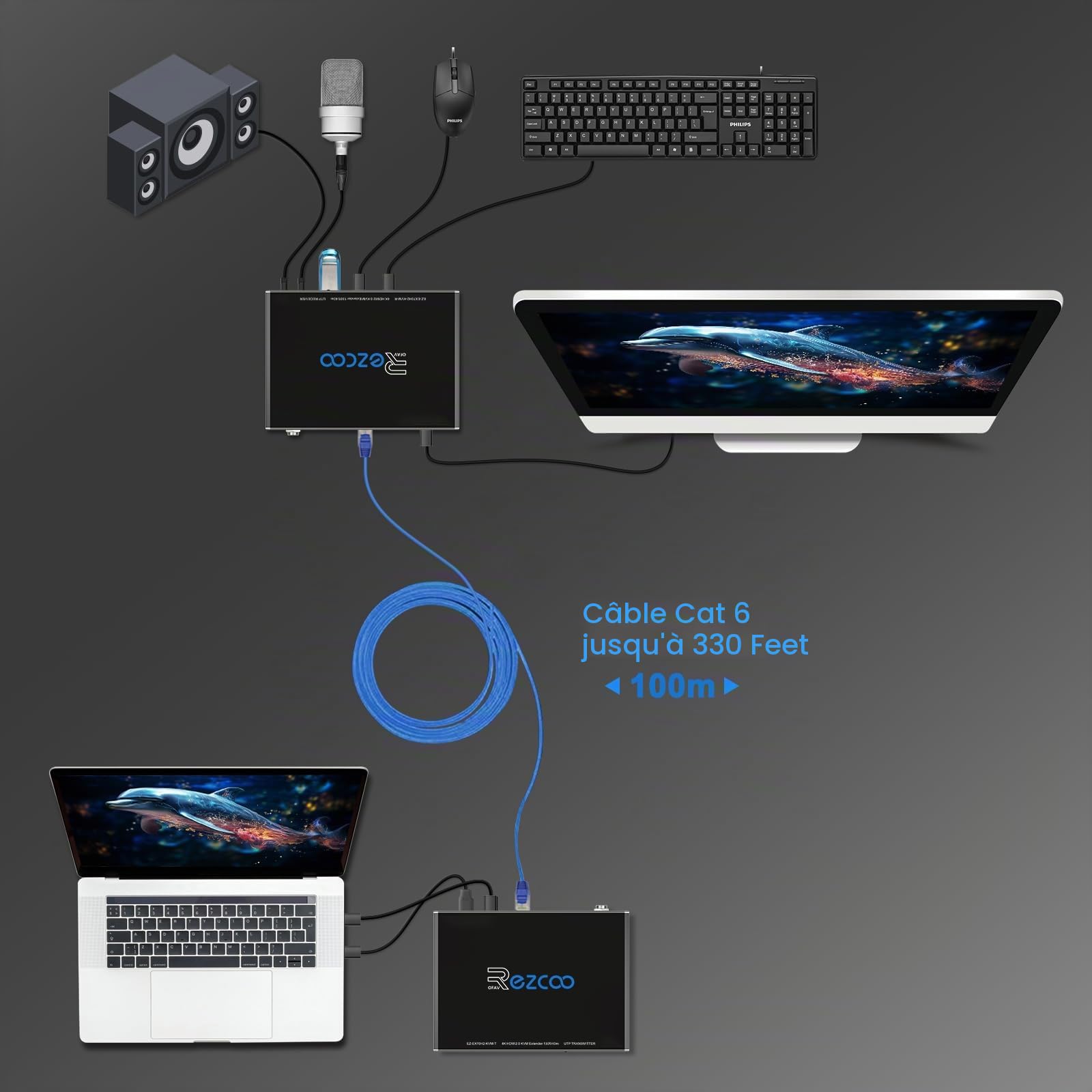 ROFAVEZCO Extenseur KVM HDMI 4K@60Hz 100m Extender HDMI PoE bidirectionnel USB 2.0 RS232 HDCP2.2 EDID HDR sur câble Cat6a/7 Contrôle à Distance PC/Souris/Clavier - pour Home Cinéma et Gaming