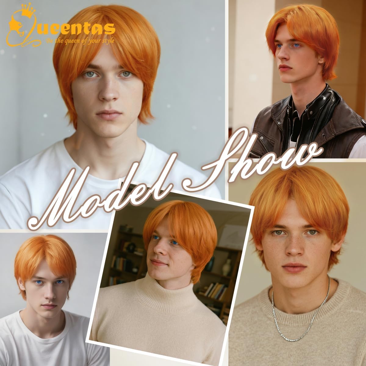 QUEENTAS Unisex 10 Inch Orange Natural Straight Short Wig, Heat Resistant Synthetic Glueless Wig for Halloween Party and Cosplay
