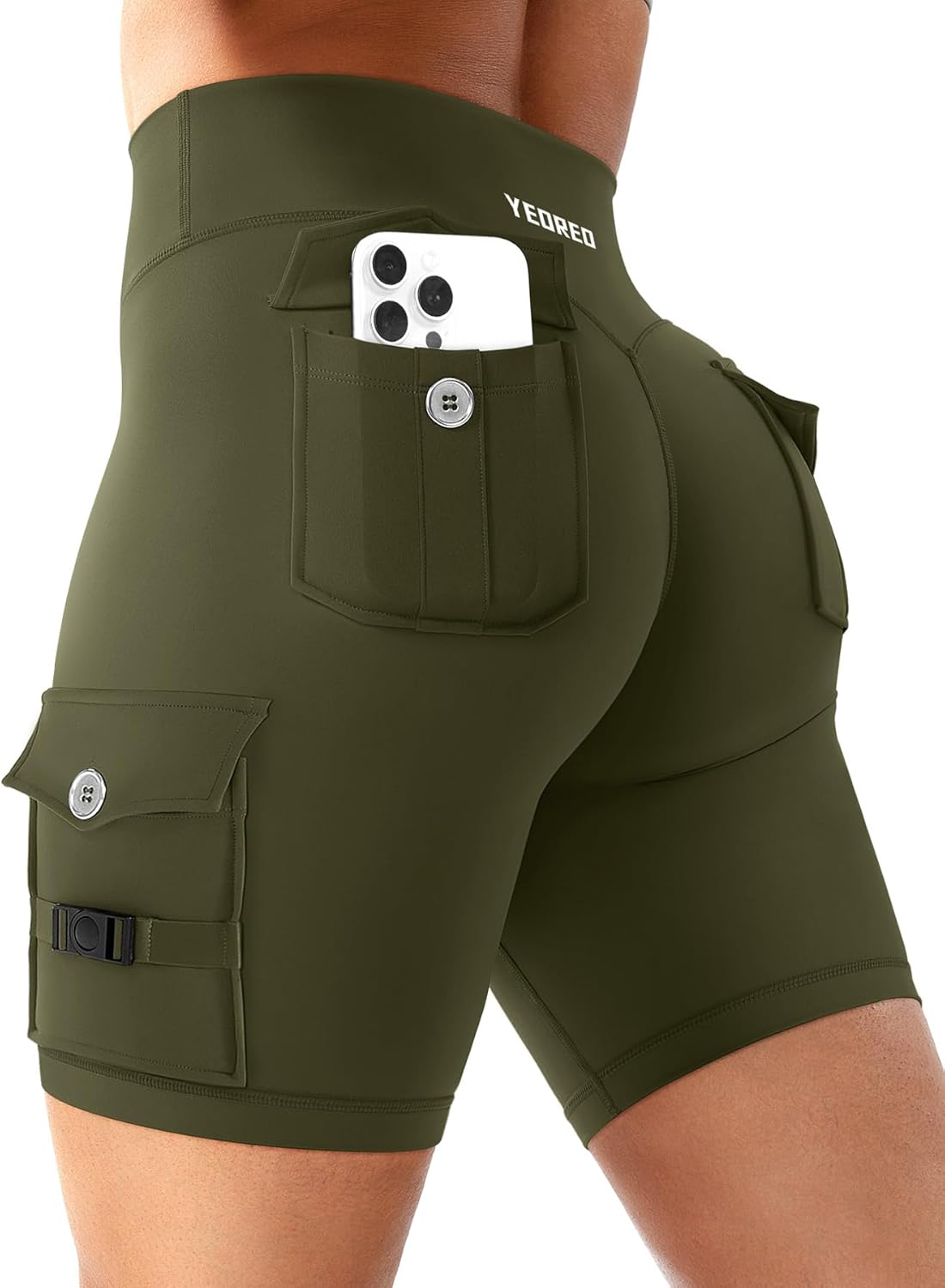 YEOREO CoreFlex Women Workout Biker Shorts with Cargo Pockets Hidden Scrunch High Waisted 8" Inseam Gym Shorts