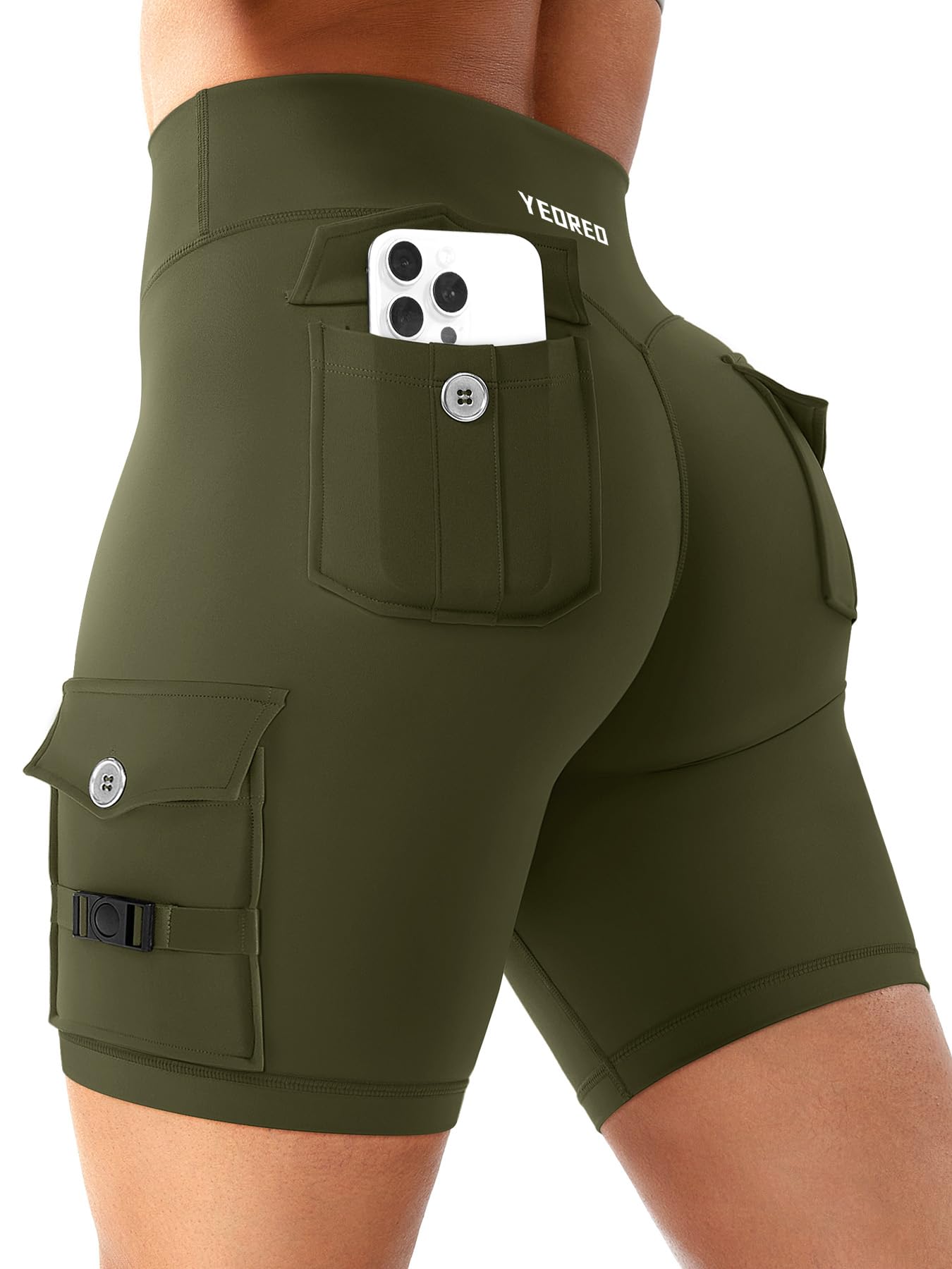 YEOREO CoreFlex Women Workout Biker Shorts with Cargo Pockets Hidden Scrunch High Waisted 8" Inseam Gym Shorts