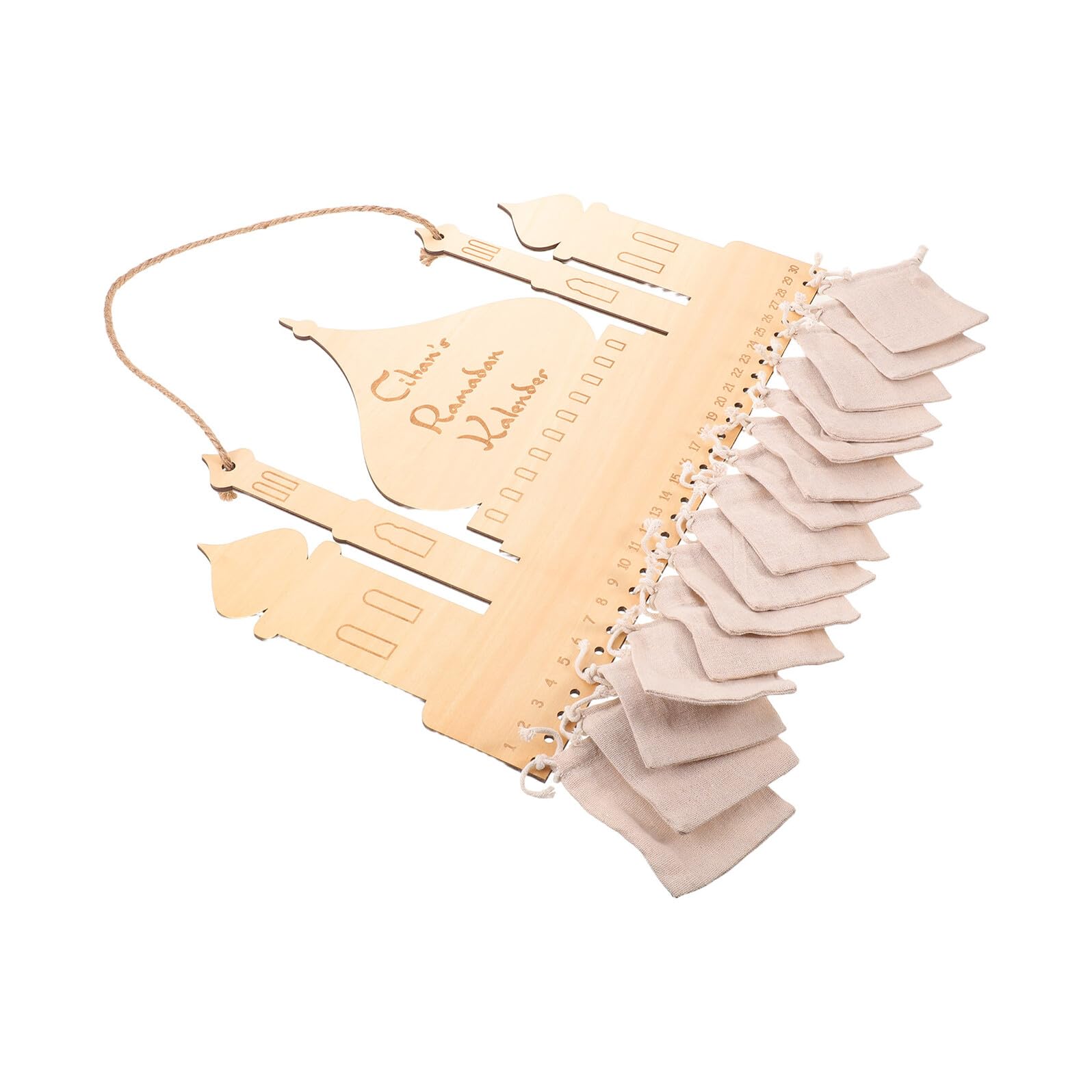 Toyvian Drewniany Kalendarz Ramadanowy z Jutowymi Kieszeniami Dni Do Eid Edukacyjny dla Chłopiec Dziewczynka Wisząca Dekoracja Ścienna Ramadan Naturalny Materiał Oszczędzający Miejsce
