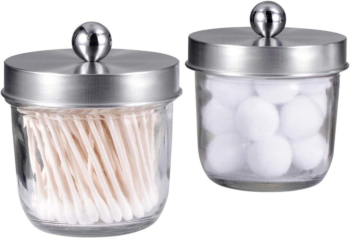 Mason Jar Bathroom Vanity Organizer - Farmhouse Decor Apothecary Jars Bathroom Accessories - Qtip Holder Dispenser Glass for Qtips,Cotton Swabs,Rounds,Flossers,Hair Band / 2-Pack (Brushed Nickel)