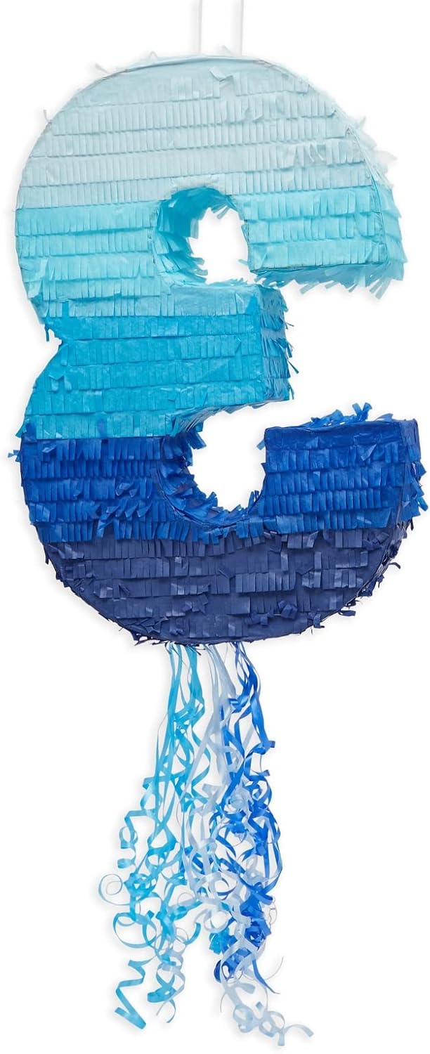 BLUE PANDA Ombre Blue Number 3 Pull String Pinata - Interactive Pull-String Surprise with Number 3 Pinata for Ocean-Themed Birthday Decoration for Boys & Girls - Pack of 1, Paper, 16.5 x 11.5 x 3 in