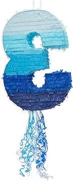BLUE PANDA Number 3 Pinata for 6th Birthday Party Decorations | Pull String Ombre Blue Pinata for Boys Anniversary Fiesta Celebration | 16.5 x 11.5 x 3 Inches