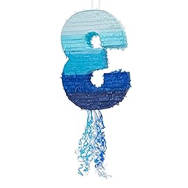 BLUE PANDA Ombre Blue Number 3 Pull String Pinata - Interactive Pull-String Surprise with Number 3 Pinata for Ocean-Themed Birthday Decoration for Boys & Girls - Pack of 1, Paper, 16.5 x 11.5 x 3 in