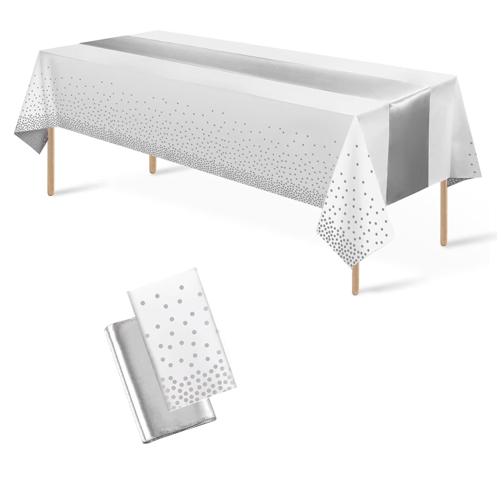 CAZSYSDD 2Pack Disposable Plastic Tablecloths 137 * 274 cm and Satin Table Runner,Party Table Cloths,Gold Dot Confetti Table Cover for Birthday, Engagement, Wedding (White Silvery+Silvery TR, 1Pack)