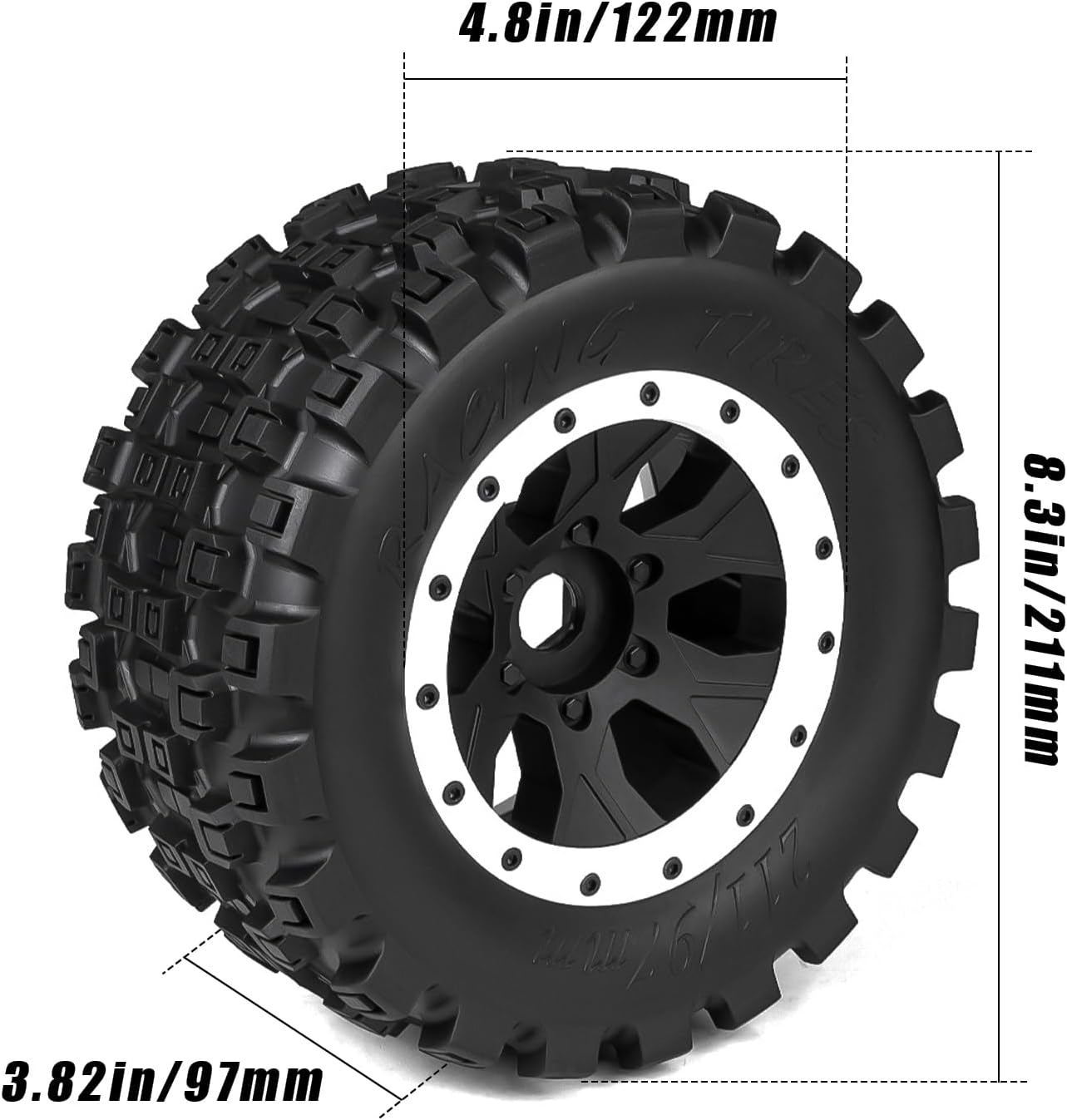 GLOBACT MX43 1/5 RC Tires, Pre-Installed Screw-Lock Monster Truck Tires with 24mm Hex Adapter, Compatible with Traxxas 1/5 X-Maxx 8S, 1/6 XRT 8S, Arrma 1/5 Kraton 8S, Outcast 8S (White 2Pcs)