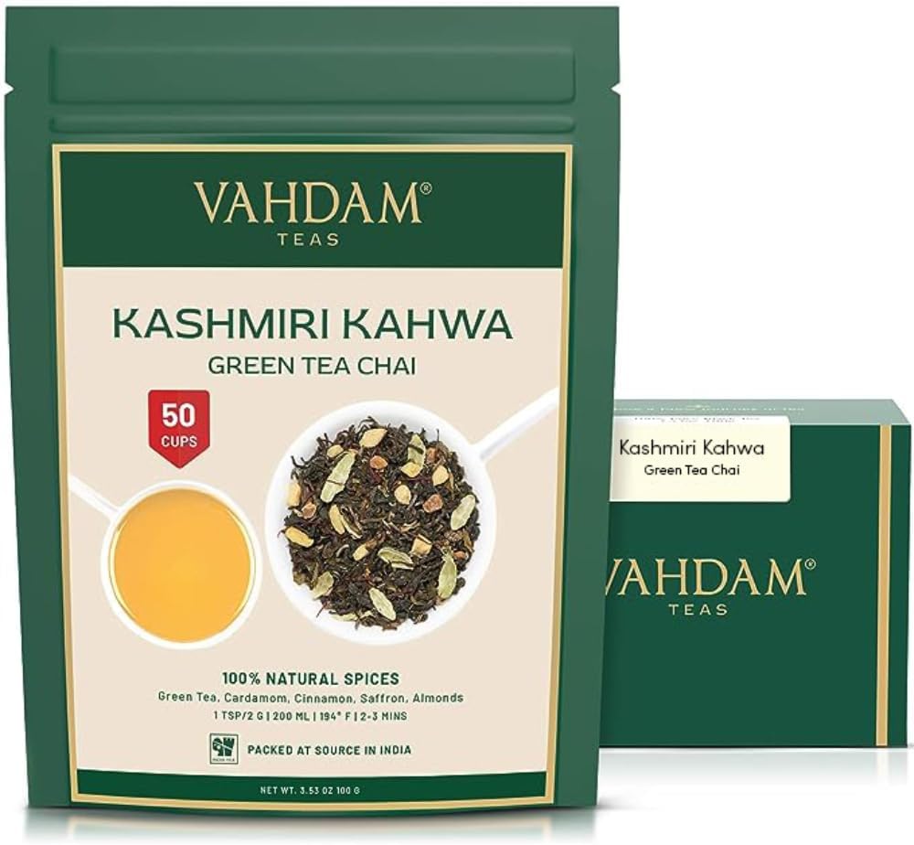 VAHDAM, Kashmiri Kahwa Tea (50 Cups/3.53oz) | Green Tea, Cinnamon, Cardamom, Almond & Saffron | Premium India Loose Leaf Tea | Vacuum Sealed for freshness