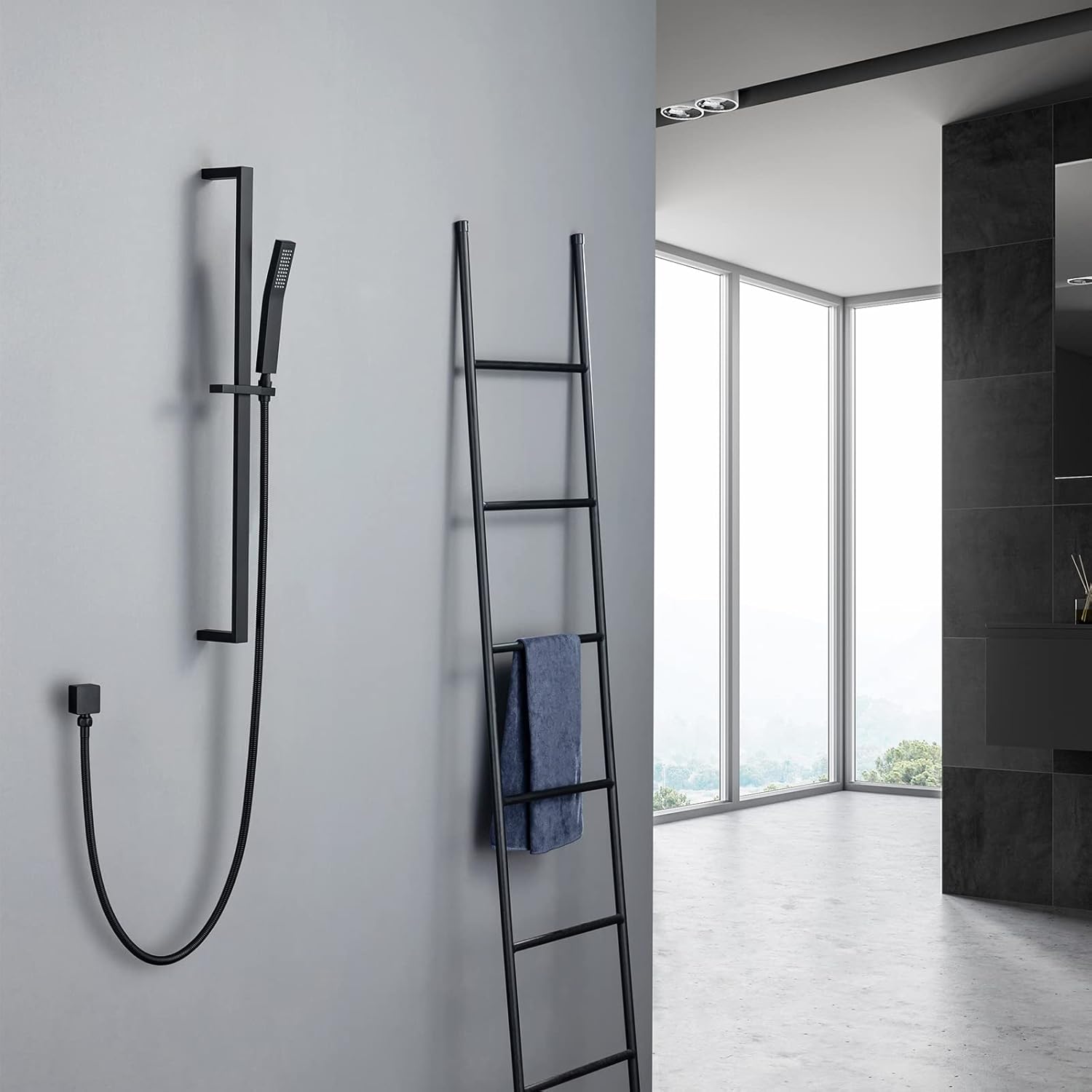 Brass Shower Slide Bar Matte Black Hand Shower Head with Slide Bar and Hose, Wall Mount Handheld Shower Wand Holder, Height Adjustable Sliding Bar, Pt003 - Image 2