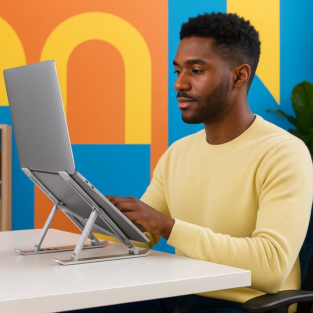 Suporte para Notebook e Tablet Linha Premium em Alumínio Dobrável e Ergonômico Para Desktop Portátil Ajustável em 6 Ângulos com Altura Regulável Leve Apoio Universal - Com estojo para armazenagem Suporte para Notebook e Tablet Linha Premium em Alumínio Dobrável e Ergonômico Para Desktop Portátil Ajustável em 6 Ângulos com Altura Regulável Leve Apoio Universal - Com estojo para armazenagem