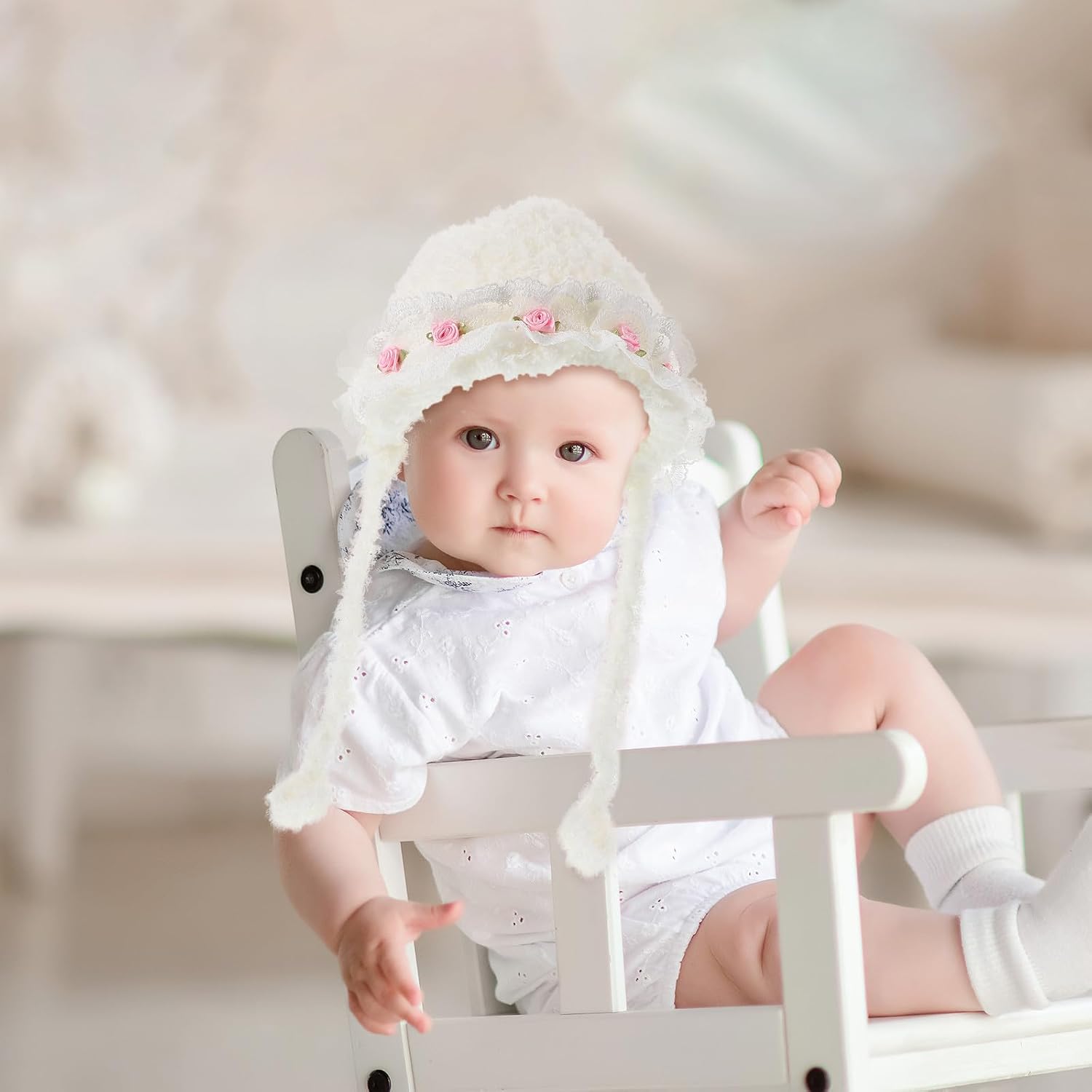 Baby Girls Knitted Bonnet Hat for Winter Ear Protection Xmas White