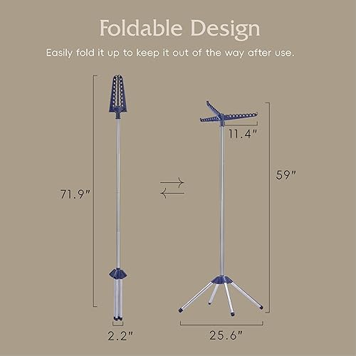 Miniatura 7 de Beaudaily Tendedero de secado de ropa, plegable, estante de secado de ropa interior de 59 pulgadas con 3 brazos giratorios, acero inoxidable,