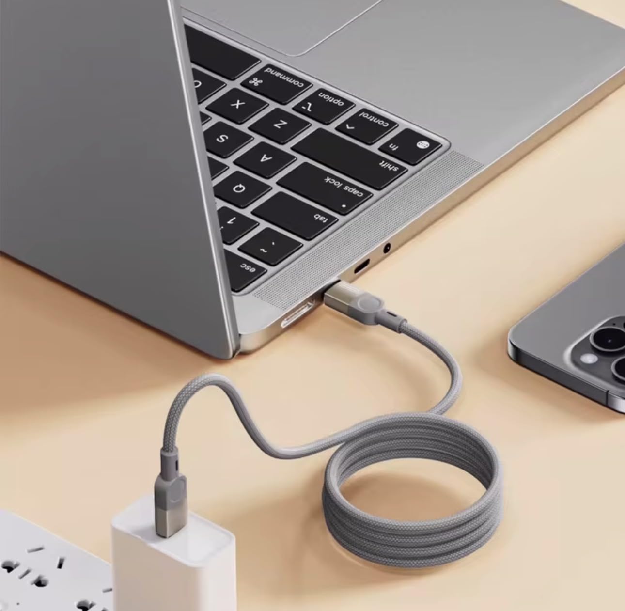 USB-C Şarj Kablosu, Örgülü Naylon, Beyaz Renk, Esnek Saklama, Manyetik Karışmayan, 1 Metre