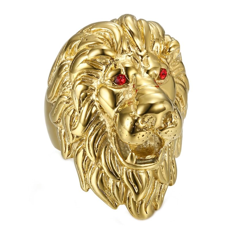 BOBIJOO Jewelry - Enorme Lourd Bague Chevalière Homme Tête de Lion Voyageur Acier Inoxydable Or Yeux Rouges Rubis - 56 (7 US)