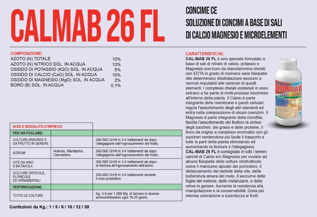CALMAB 26 FL Concime CE con Calcio, Magnesio e Boro – Previene Marciume Apicale e Fisiopatie – Integratore Minerale per Orto, Piante e Frutteti – Formato 5 kg