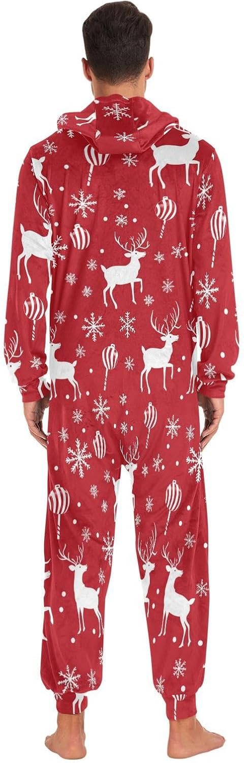 ZZKKO Christmas Reindeer Snowflake Adult Onesie Pajamas for Women Men Cozy One Piece Pajamas Costume Zip-Up Hooded S-XL