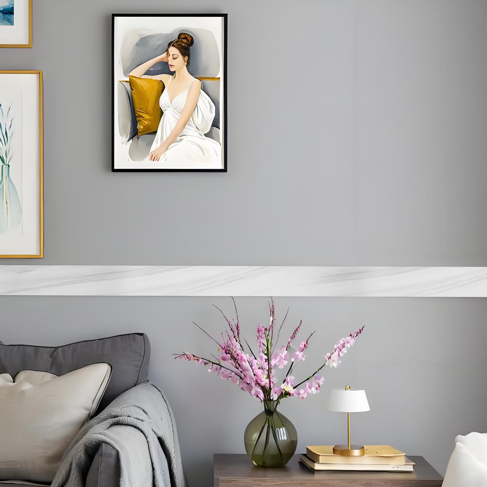 Bordi Adesivi per Pareti,Greca Adesiva per Parete Impermeabile 5m x 12cm,Carta da Parati Adesiva Motivo Marmorizzato per Rivestimenti Murali,Casa,Hotel e Decorazioni (Bianco)
