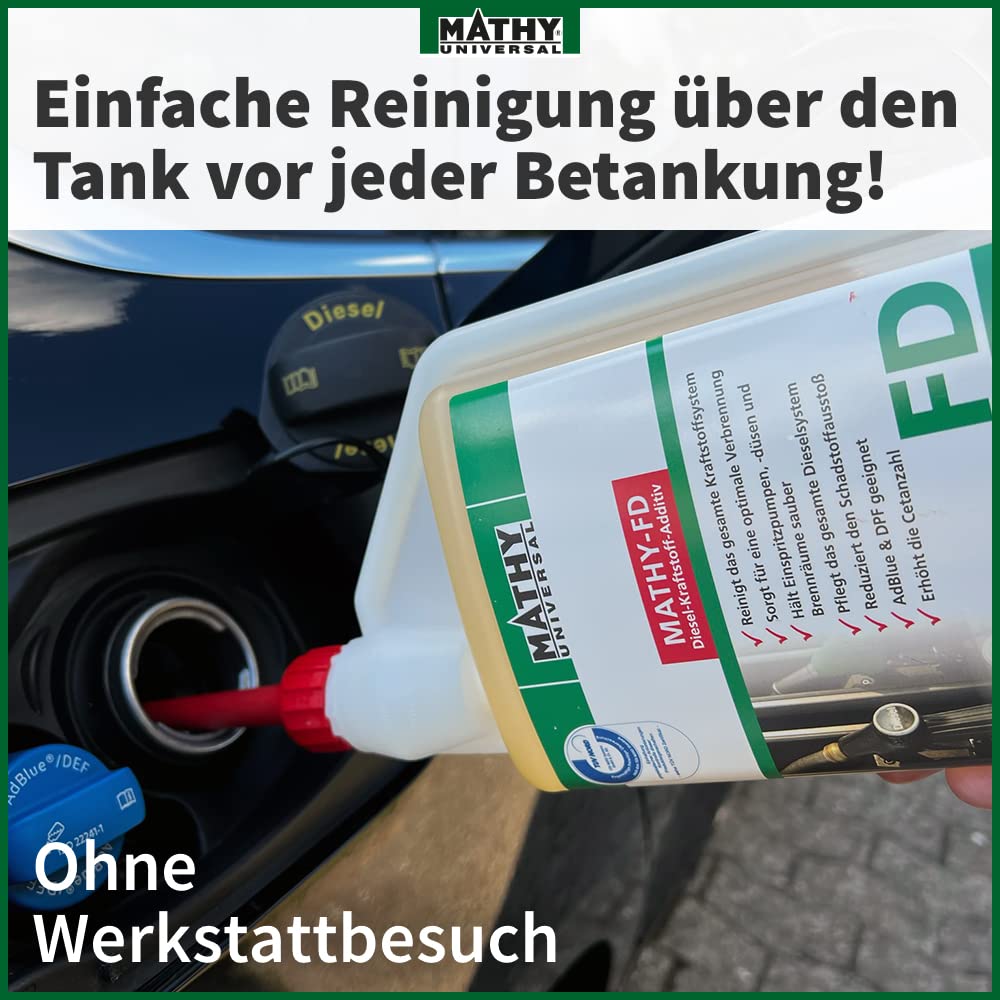 MATHY-FD Diesel-Pflege-Kraftstoffadditiv, 5 x 1 l, Additiv Systemreiniger | Dieseladditiv & Kraftstoffstabilisator, Hochkonzentrierte Reinigung für Dieselmotor, Reiniger bei jeder Tankfüllung