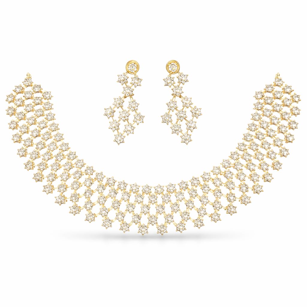 7 Stone Gold Plated Necklace with matching Earrings | Elite Quality | (Crystal White, 5 Line)