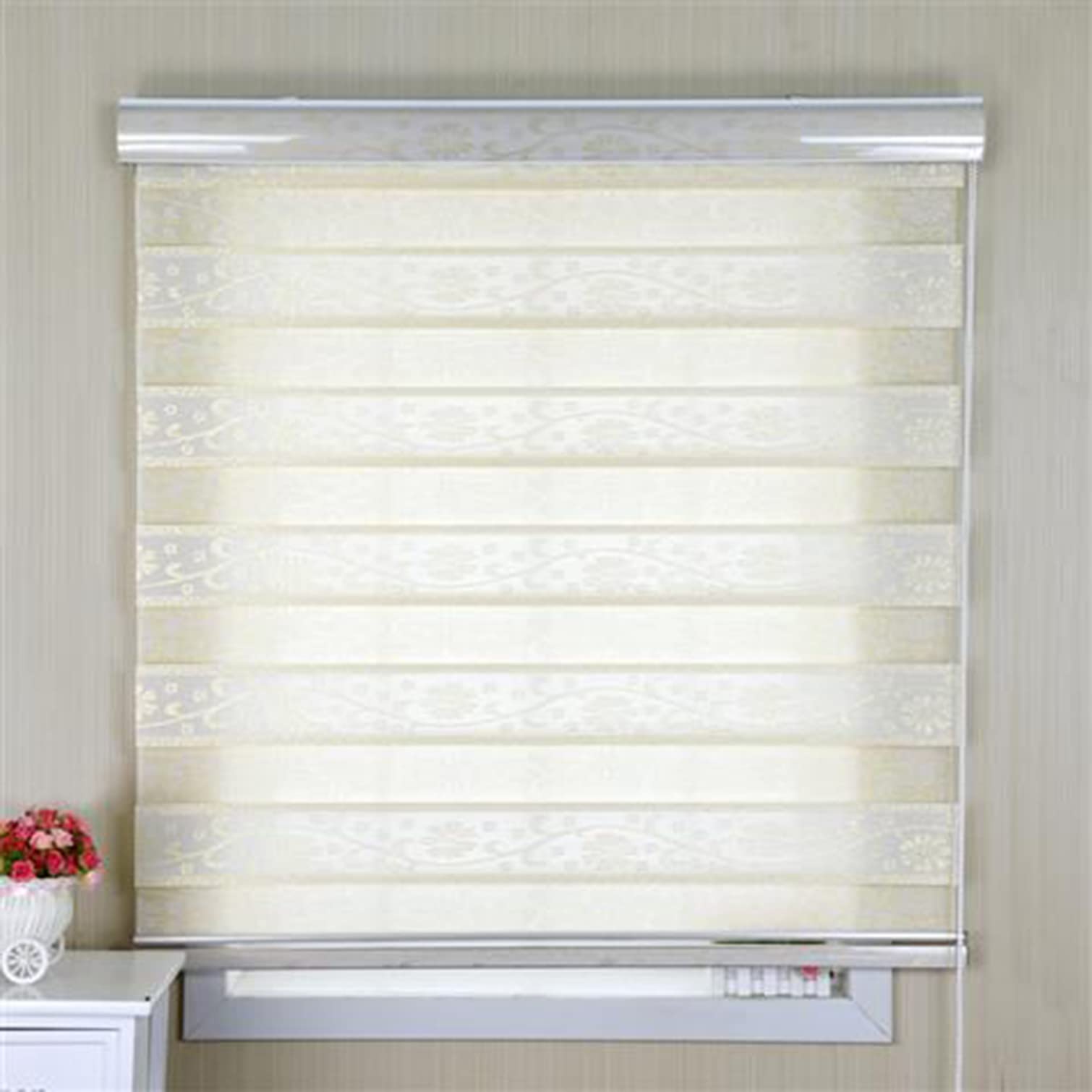 Estor Enrollable Doble Tejido Noche y Día,Persiana Enrollable para Ventanas Puertas,Cortina Opaca,Estor Cebra con Accesorios,Transparente y Privacidad,Sin Perforar,Beige (120x160cm/47x63in)
